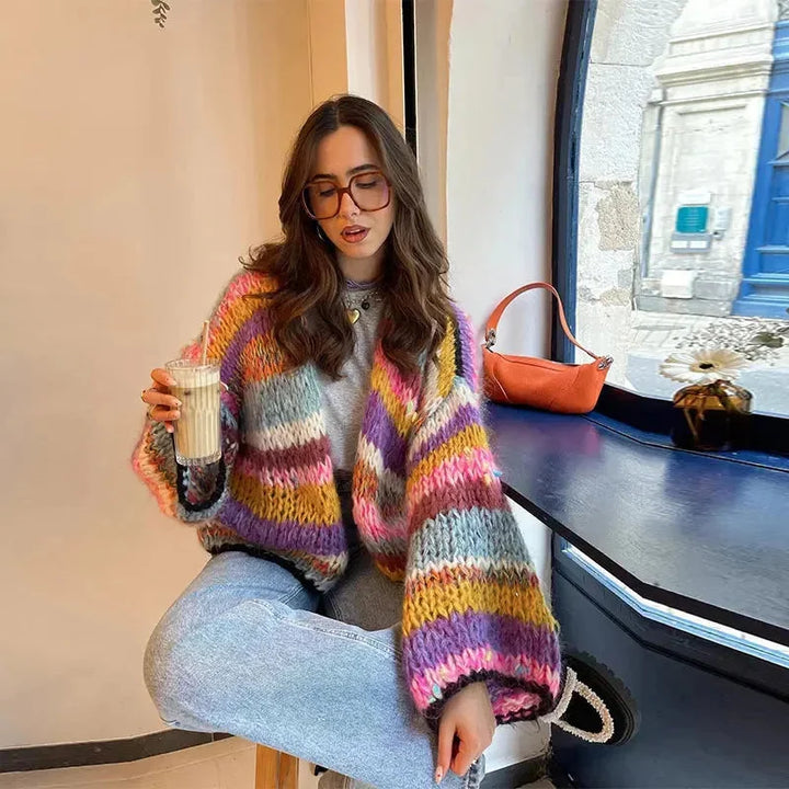 Women's Striped Cardigan with Colorful Stripes and Wide Sleeves
