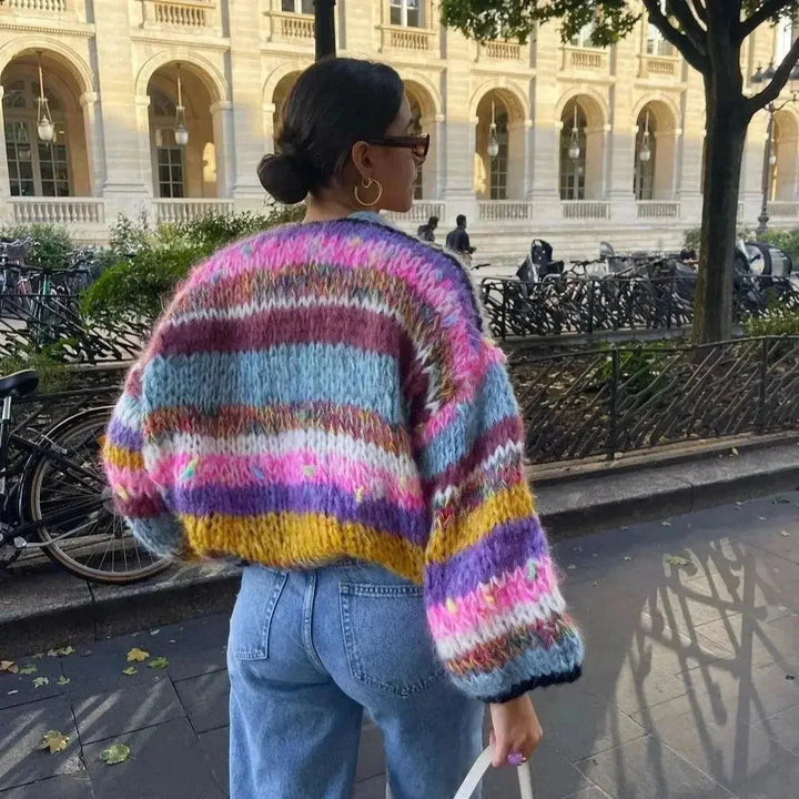 Women's Striped Cardigan with Colorful Stripes and Wide Sleeves