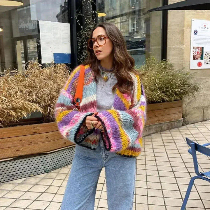 Women's Striped Cardigan with Colorful Stripes and Wide Sleeves