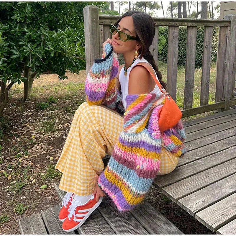 Women's Striped Cardigan with Colorful Stripes and Wide Sleeves