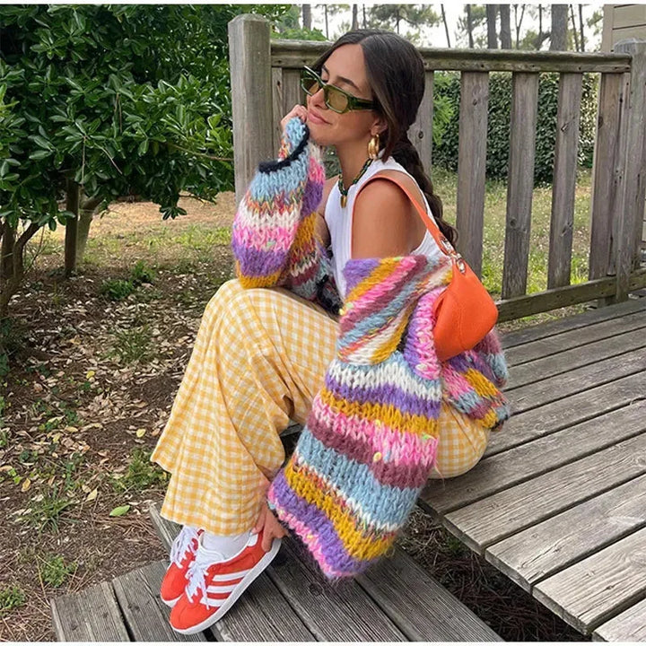 Women's Striped Cardigan with Colorful Stripes and Wide Sleeves