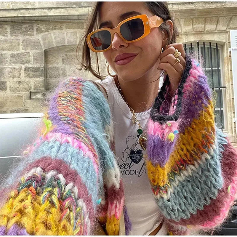 Women's Striped Cardigan with Colorful Stripes and Wide Sleeves