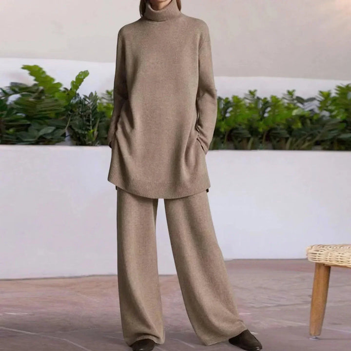 Women’s Knit Turtleneck & Wide-Leg Pants Set – Soft Wool-Blend 2-Piece Lounge Co-Ord, Elastic Waist, Ribbed Turtleneck