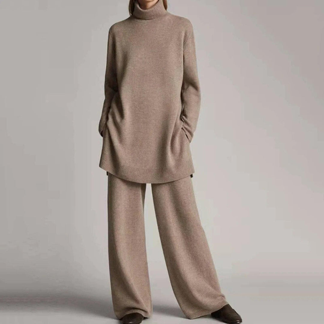 Women’s Knit Turtleneck & Wide-Leg Pants Set – Soft Wool-Blend 2-Piece Lounge Co-Ord, Elastic Waist, Ribbed Turtleneck
