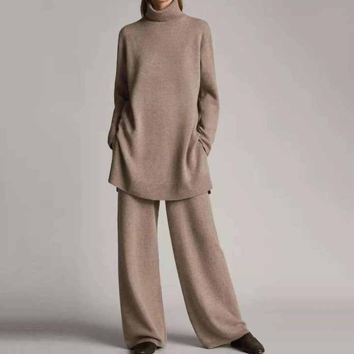 Women’s Knit Turtleneck & Wide-Leg Pants Set – Soft Wool-Blend 2-Piece Lounge Co-Ord, Elastic Waist, Ribbed Turtleneck