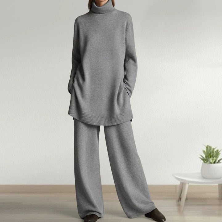 Women’s Knit Turtleneck & Wide-Leg Pants Set – Soft Wool-Blend 2-Piece Lounge Co-Ord, Elastic Waist, Ribbed Turtleneck