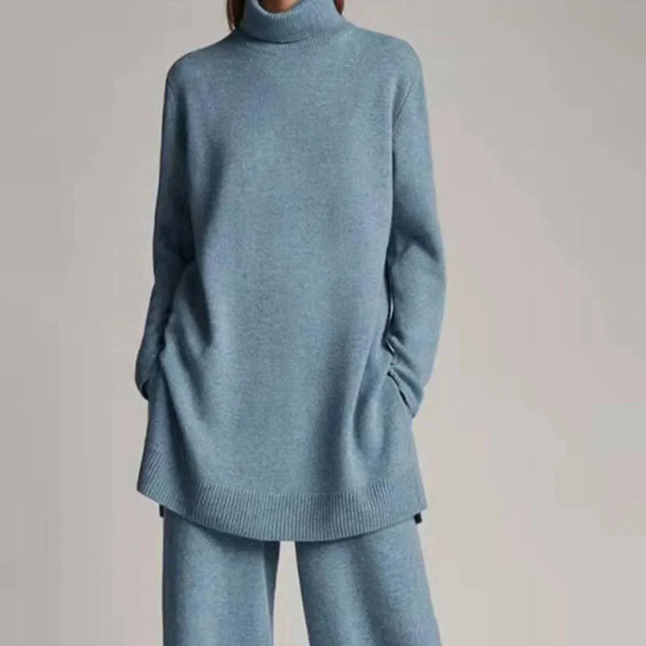 Women’s Knit Turtleneck & Wide-Leg Pants Set – Soft Wool-Blend 2-Piece Lounge Co-Ord, Elastic Waist, Ribbed Turtleneck