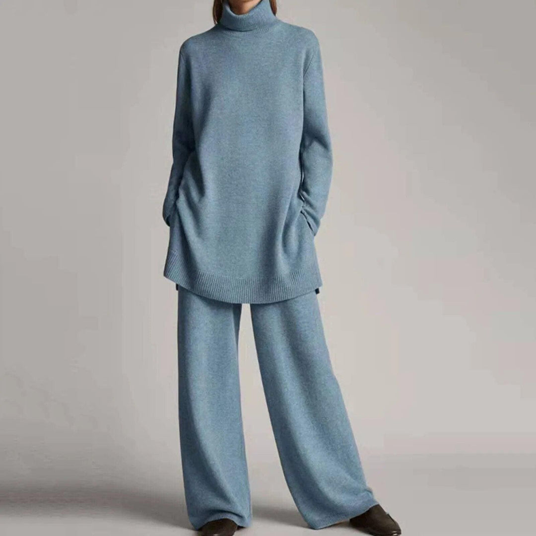 Women’s Knit Turtleneck & Wide-Leg Pants Set – Soft Wool-Blend 2-Piece Lounge Co-Ord, Elastic Waist, Ribbed Turtleneck