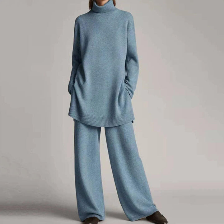 Women’s Knit Turtleneck & Wide-Leg Pants Set – Soft Wool-Blend 2-Piece Lounge Co-Ord, Elastic Waist, Ribbed Turtleneck