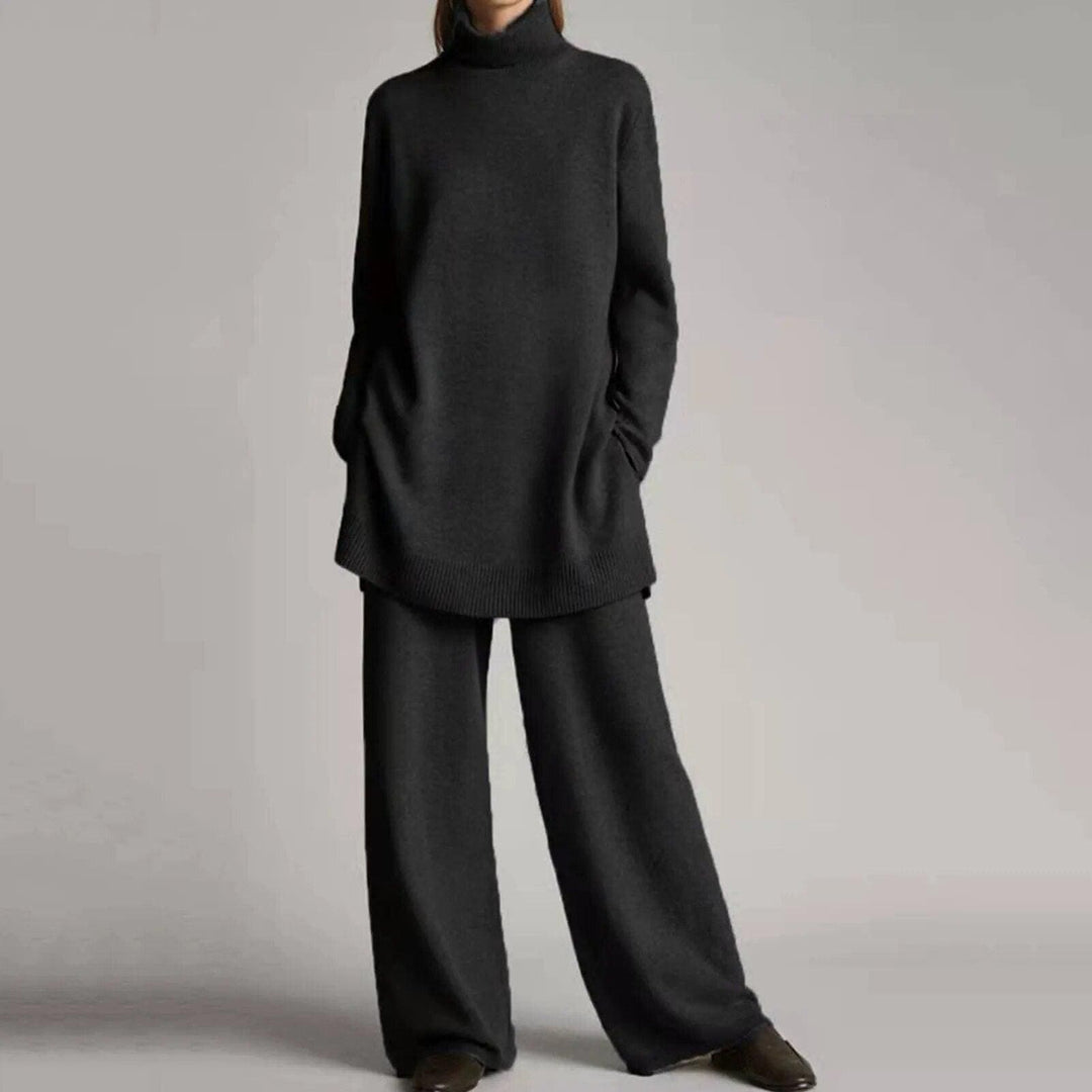Women’s Knit Turtleneck & Wide-Leg Pants Set – Soft Wool-Blend 2-Piece Lounge Co-Ord, Elastic Waist, Ribbed Turtleneck
