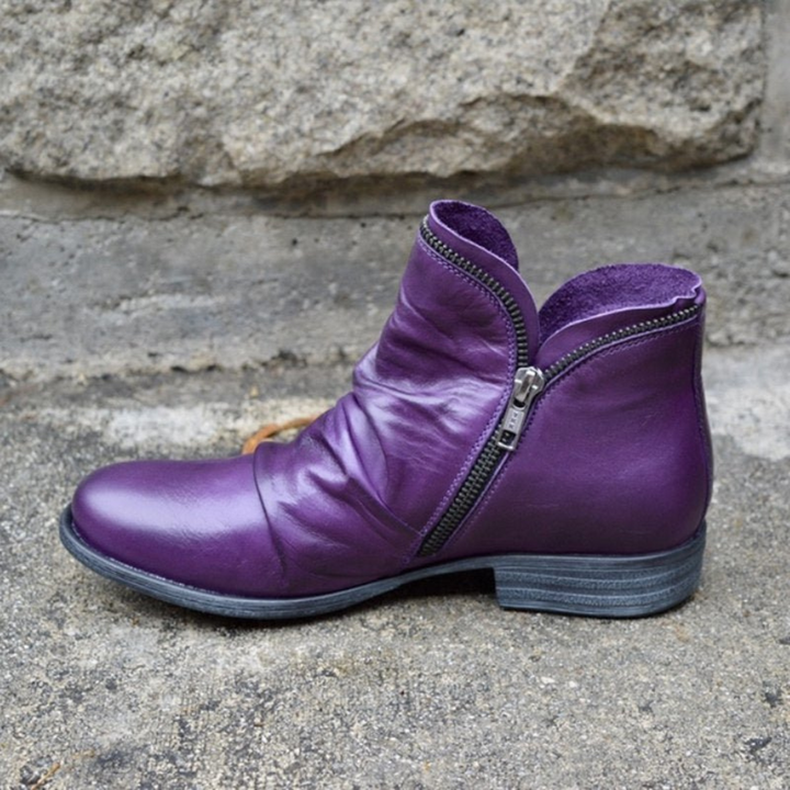 Delia | Women's Leather Ankle Boots with Zipper and Flat Heel