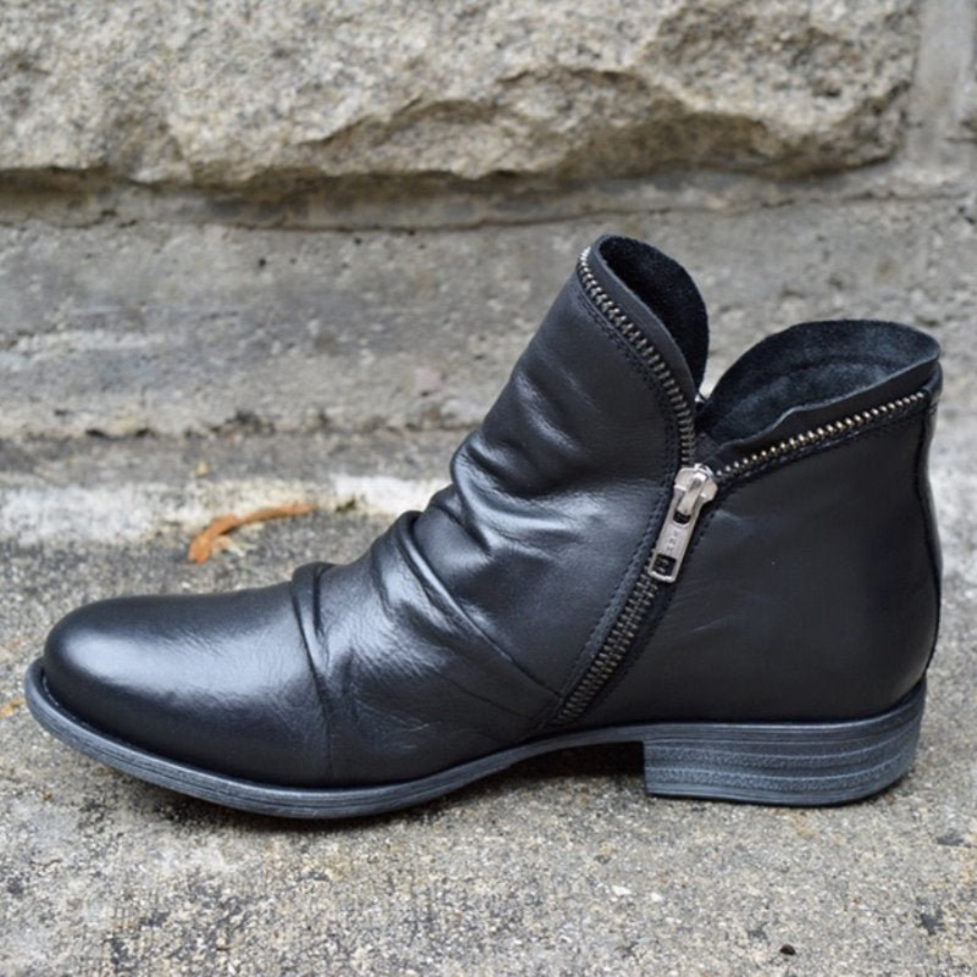 Delia | Women's Leather Ankle Boots with Zipper and Flat Heel