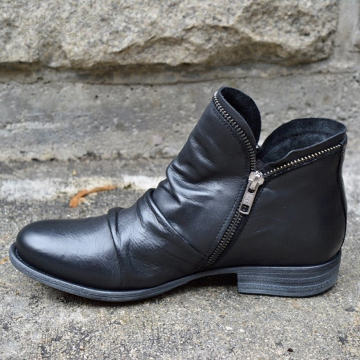 Delia | Women's Leather Ankle Boots with Zipper and Flat Heel