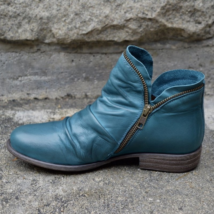Delia | Women's Leather Ankle Boots with Zipper and Flat Heel