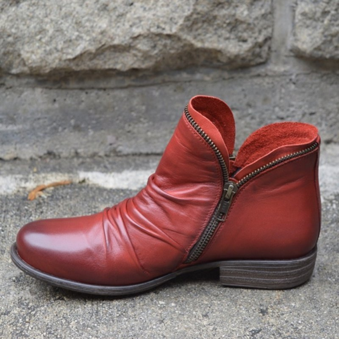 Delia | Women's Leather Ankle Boots with Zipper and Flat Heel