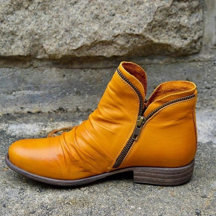 Delia | Women's Leather Ankle Boots with Zipper and Flat Heel