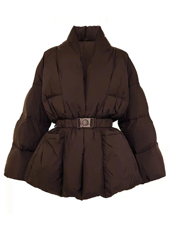 Women's puffer Coat with belt and stand-up collar
