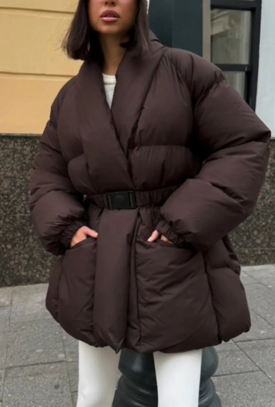 Women's puffer Coat with belt and stand-up collar