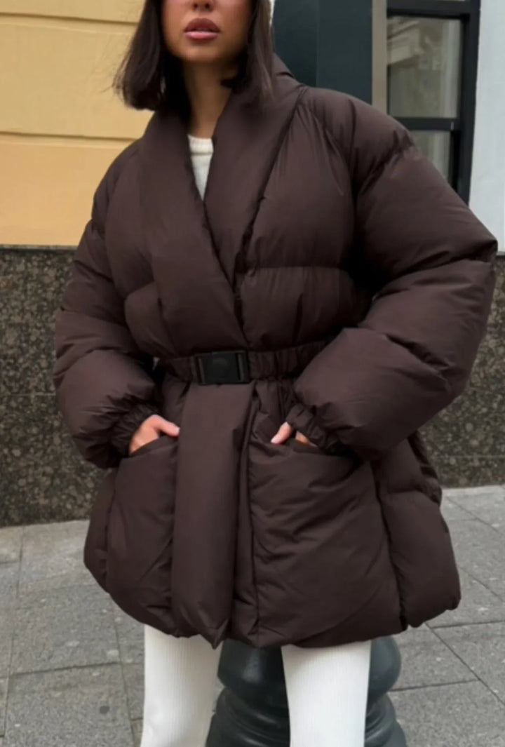 Women's puffer Coat with belt and stand-up collar