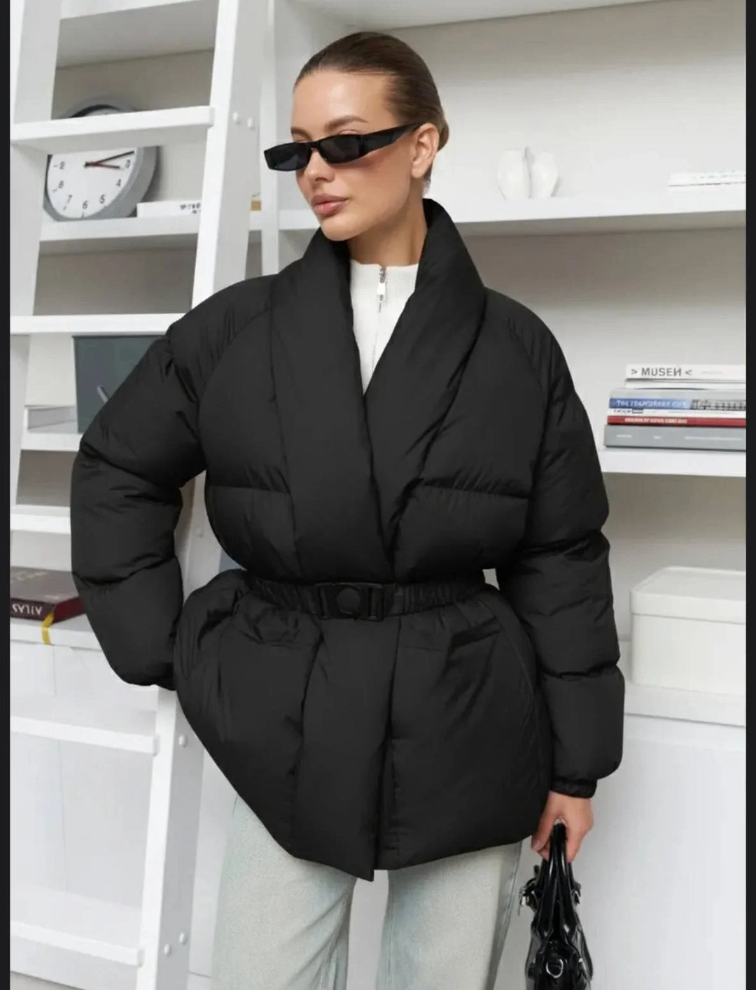 Women's puffer Coat with belt and stand-up collar