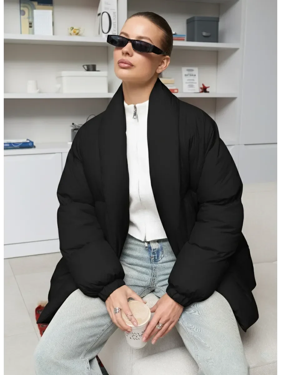Women's puffer Coat with belt and stand-up collar
