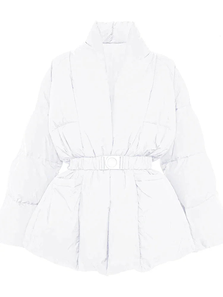 Women's puffer Coat with belt and stand-up collar