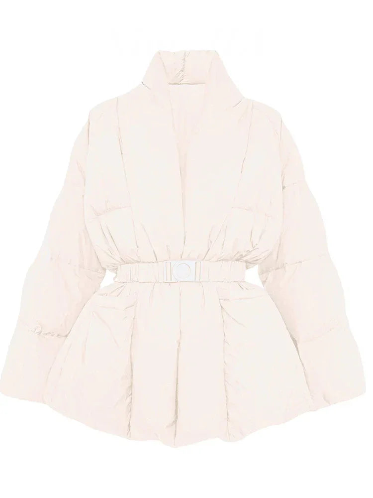 Women's puffer Coat with belt and stand-up collar