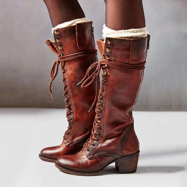 Elvira | Women's Leather Lace-Up Boots with High Shaft and Heel