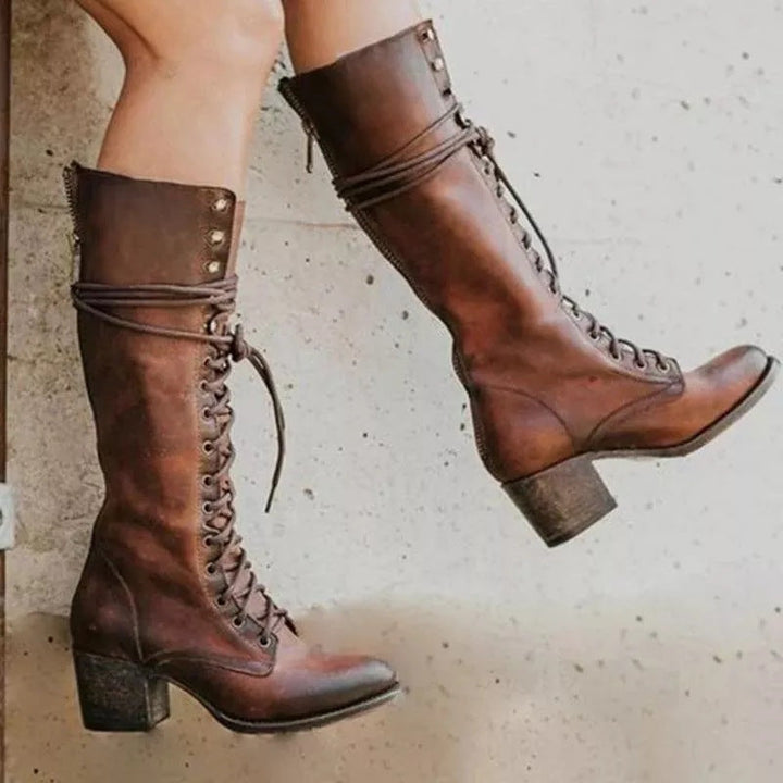 Elvira | Women's Leather Lace-Up Boots with High Shaft and Heel