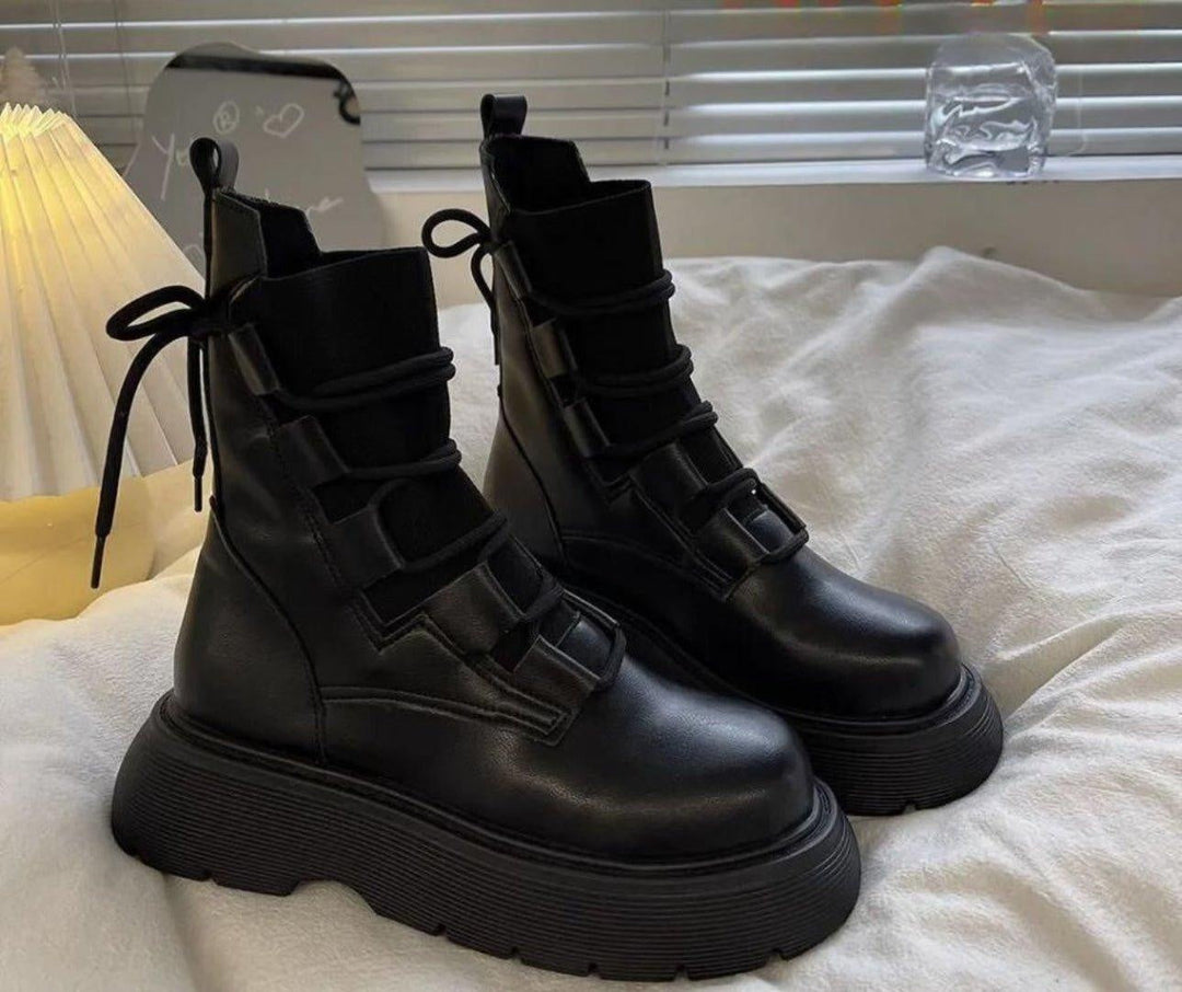Esther | Women's Platform Lace-Up Ankle Boots, Military Style, Buckles
