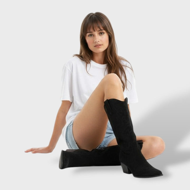 Women's Suede Cowboy Boots with Orthopedic Support | Wide Heel Western Tall Boots with Side Zipper and Non-Slip Sole