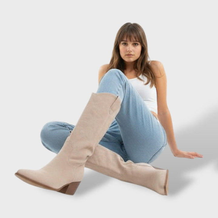 Women's Suede Cowboy Boots with Orthopedic Support | Wide Heel Western Tall Boots with Side Zipper and Non-Slip Sole