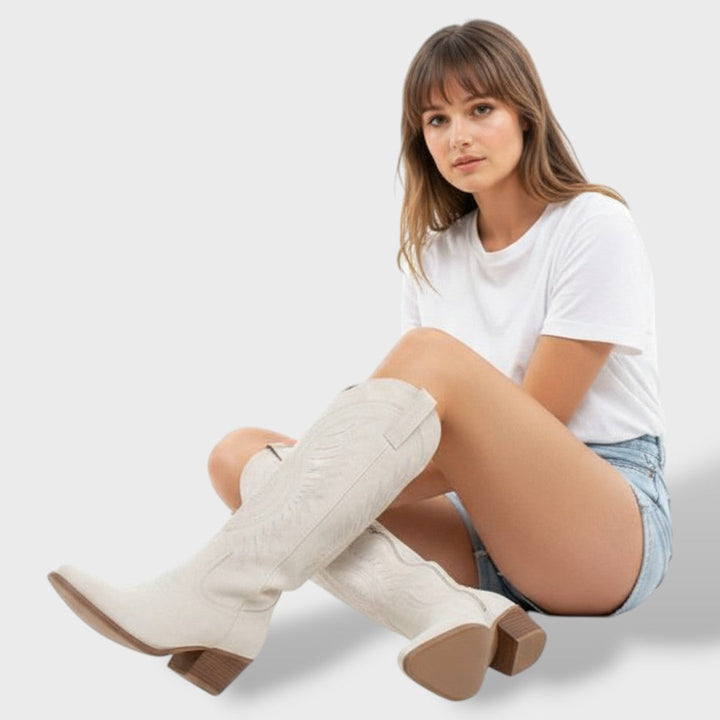 Women's Orthopedic Cowboy Boots | Embroidered Suede Western Boots with Block Heel and Anatomical Support Insole