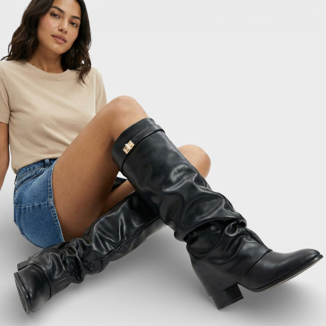 Women's high boots with pointed toe, ruched, low heel, and buckle