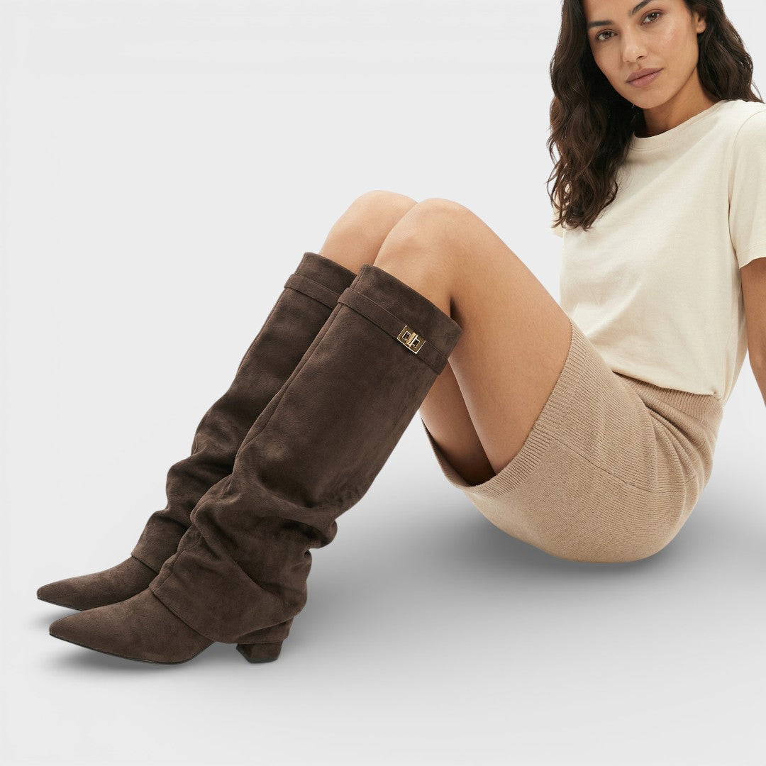 Women's high boots with pointed toe, ruched, low heel, and buckle