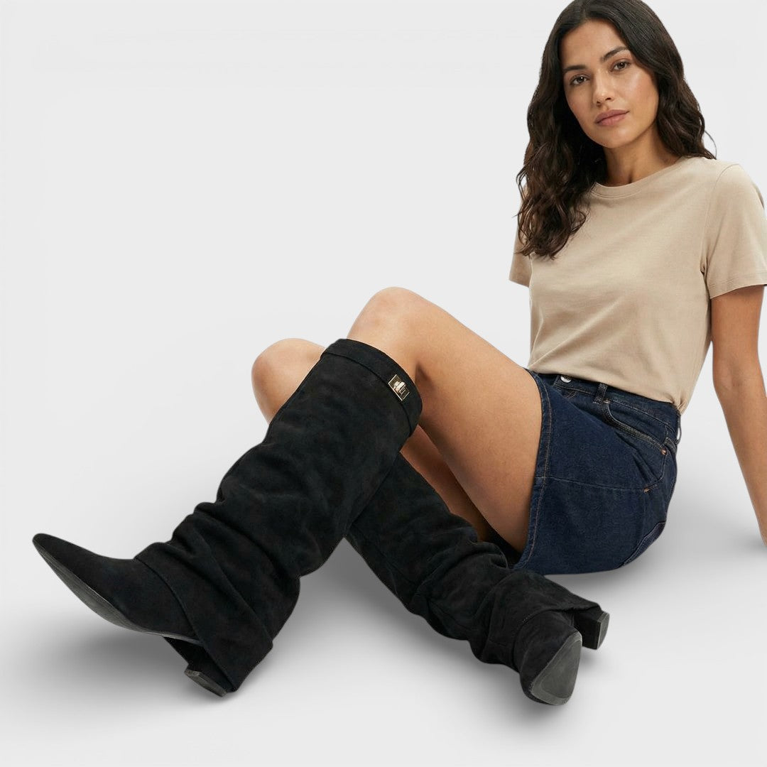 Women's high boots with pointed toe, ruched, low heel, and buckle