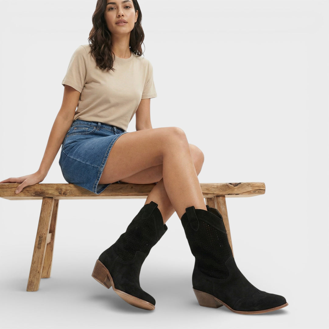 Women's cowboy boots perforated side zipper pointed toe