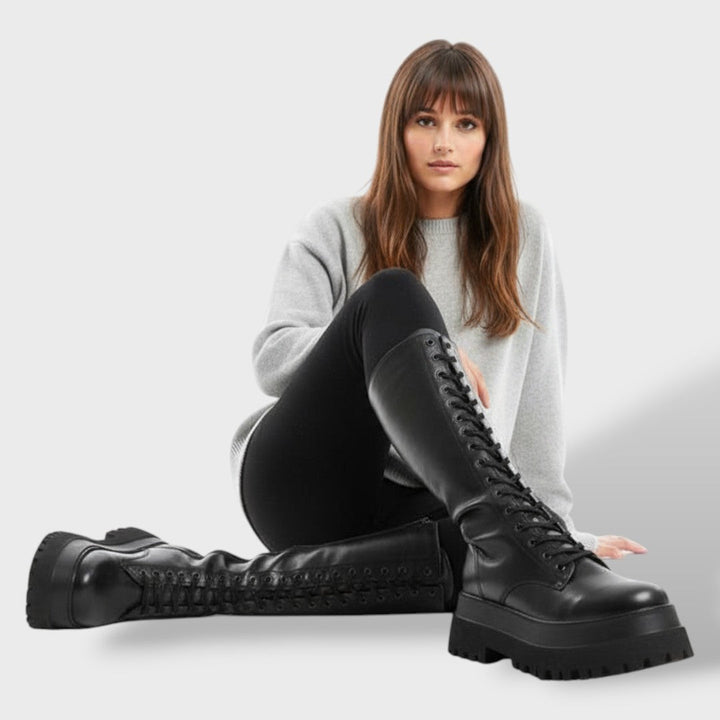 Women's High Lace-Up Boots with Chunky Track Sole | Tall Combat Style Boots for Everyday Wear | Non-Slip Platform Footwear