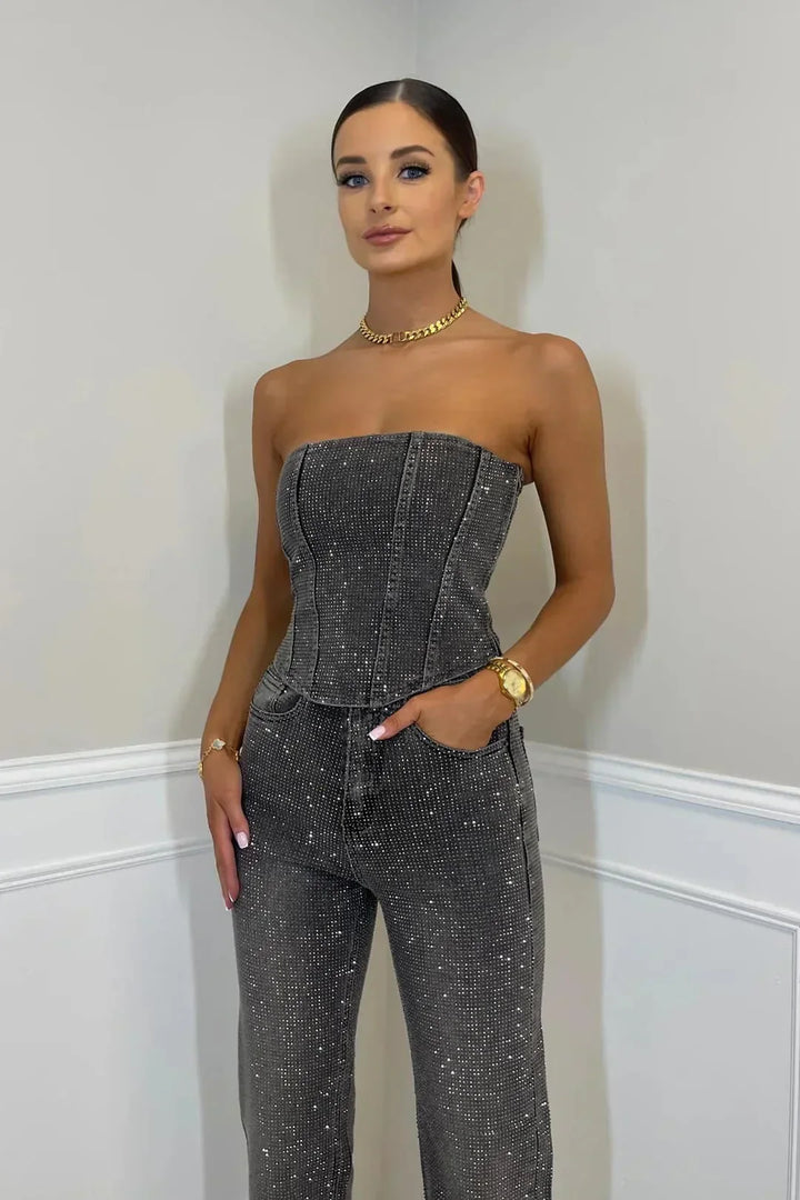 Liora's Shimmering High-Waisted Jeans Ensemble for Women