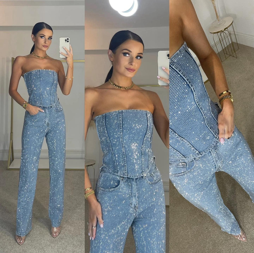 Liora's Shimmering High-Waisted Jeans Ensemble for Women