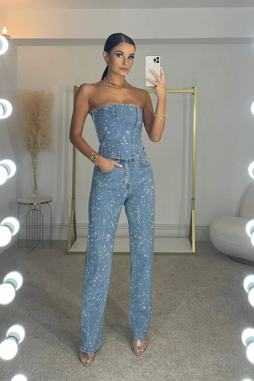 Liora's Shimmering High-Waisted Jeans Ensemble for Women