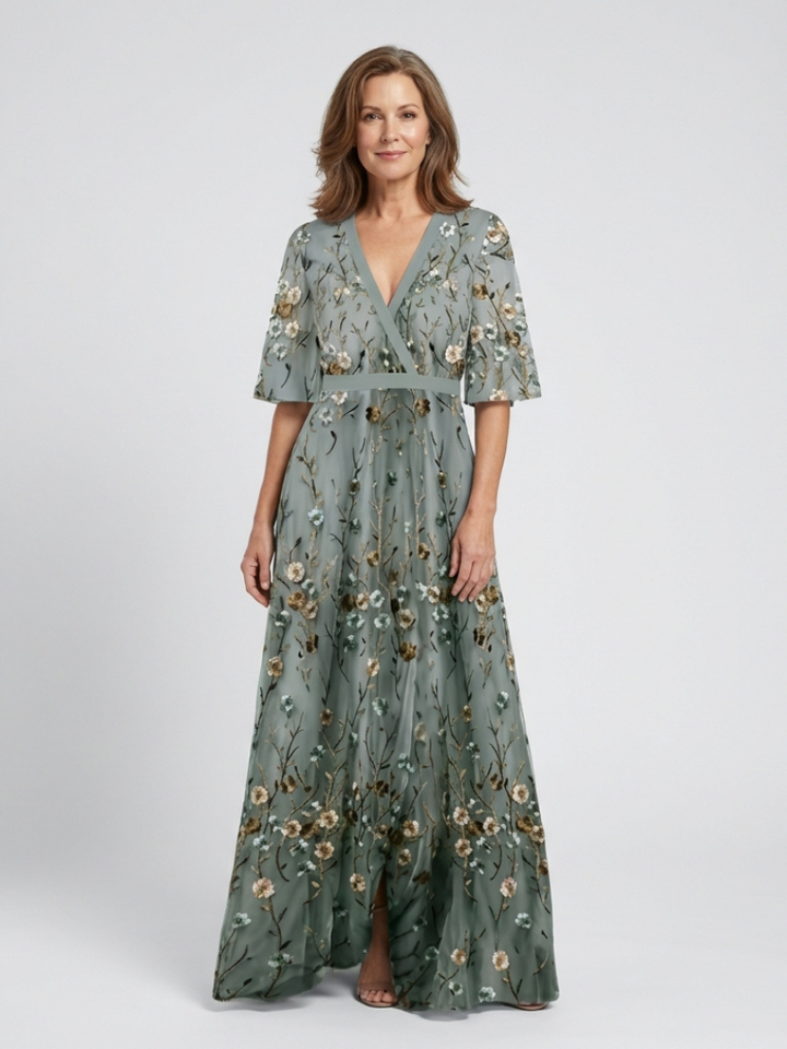 Evadne | Floral V-Neck Short-Sleeve Maxi Dress