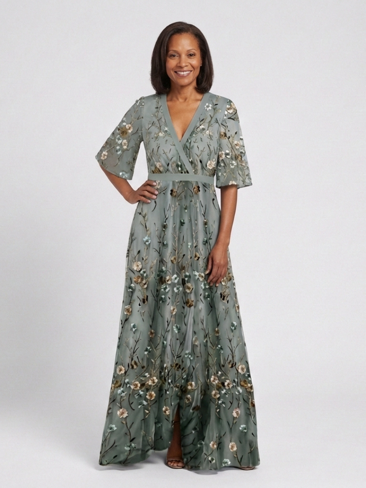 Evadne | Floral V-Neck Short-Sleeve Maxi Dress