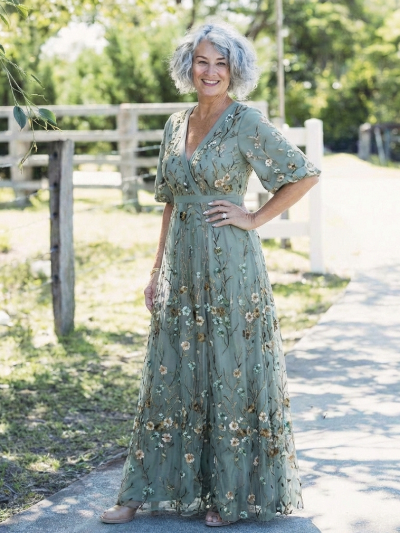 Evadne | Floral V-Neck Short-Sleeve Maxi Dress