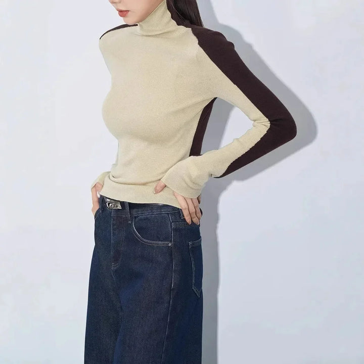 Women's top with stand-up collar and contrasting sleeves