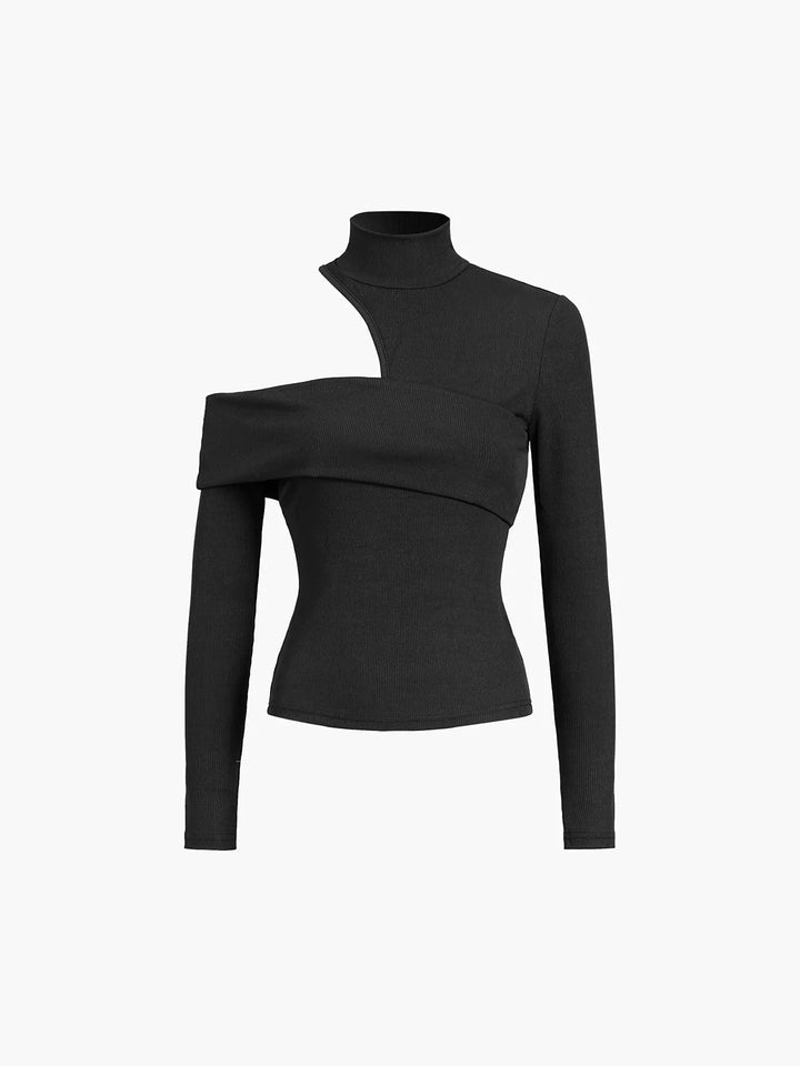 Asymmetric women's top with a stand-up collar and cut-out