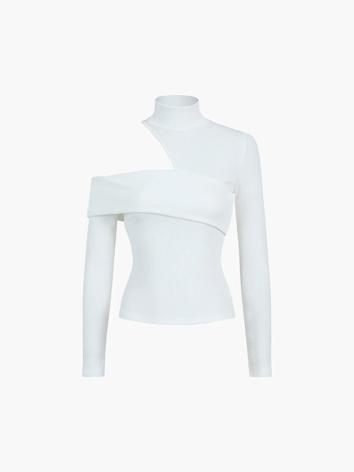 Asymmetric women's top with a stand-up collar and cut-out
