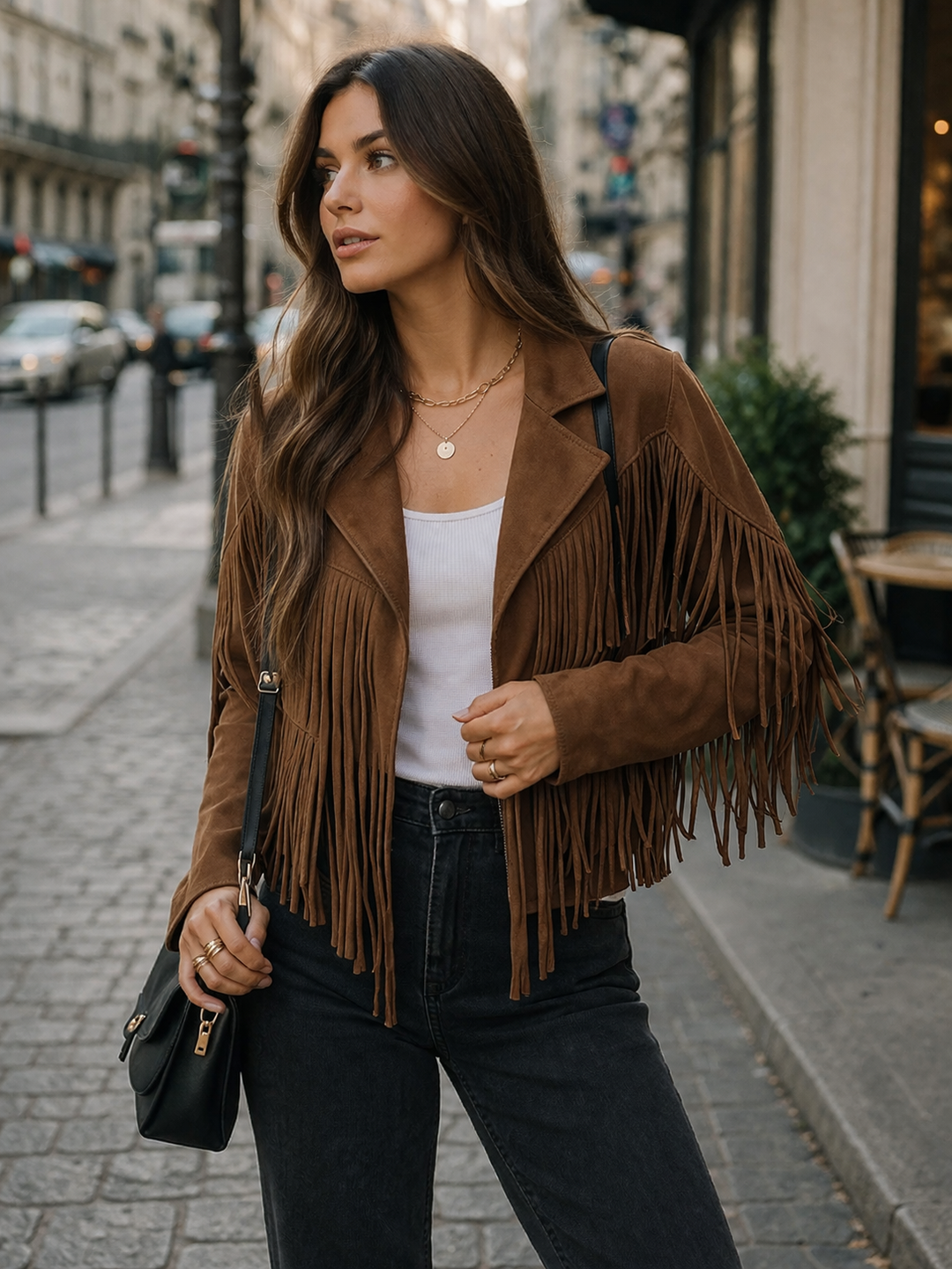 Women's brown suede blazer with fringes