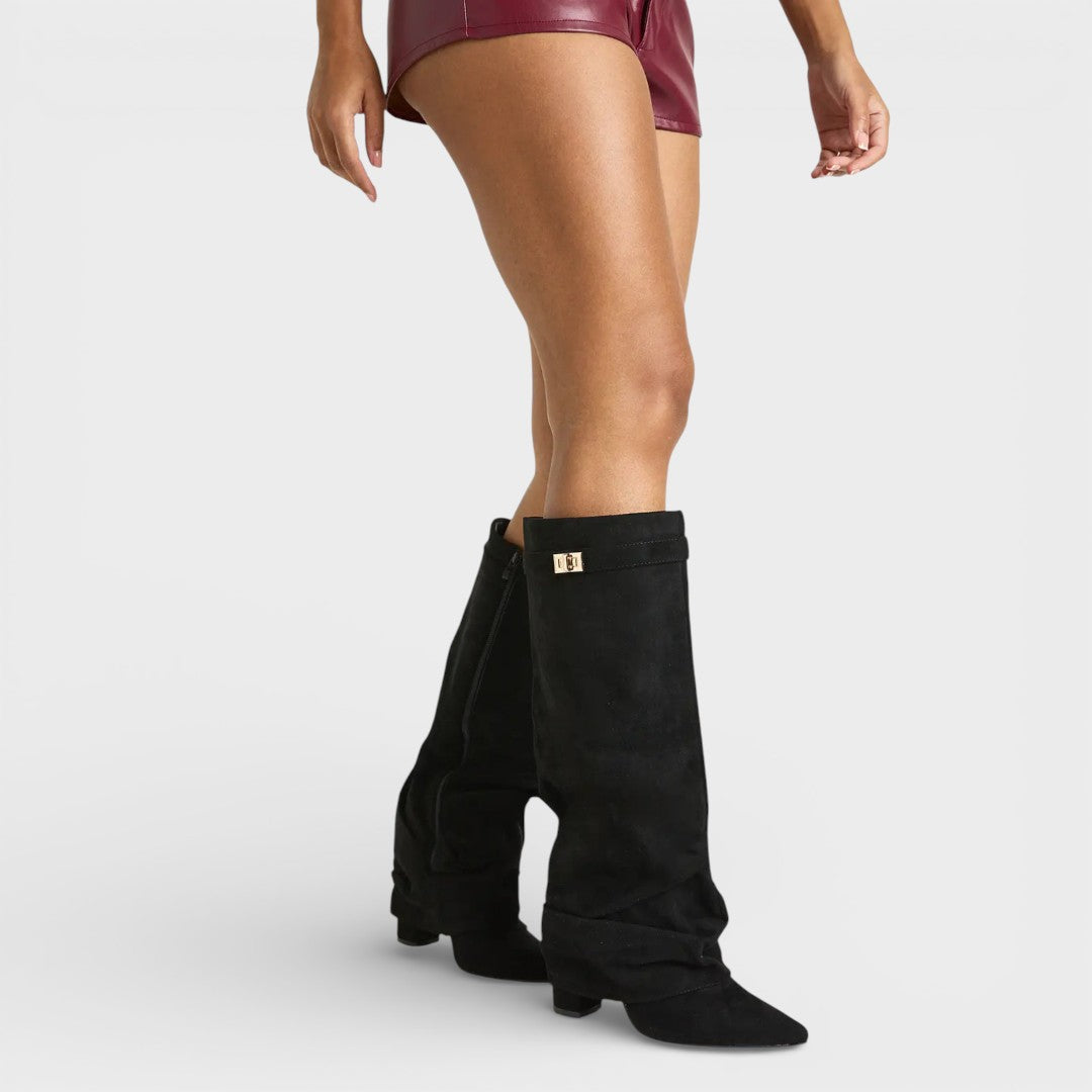 Women's high boots with pointed toe, ruched, low heel, and buckle