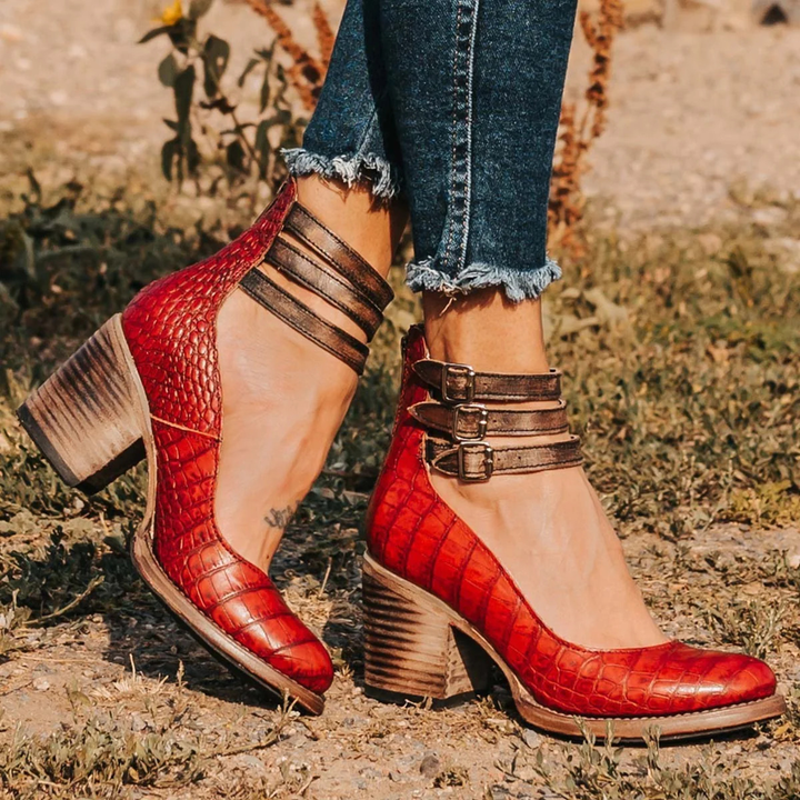 Women's Western Ankle Boots with Block Heel, Ankle Strap, and Three Buckles